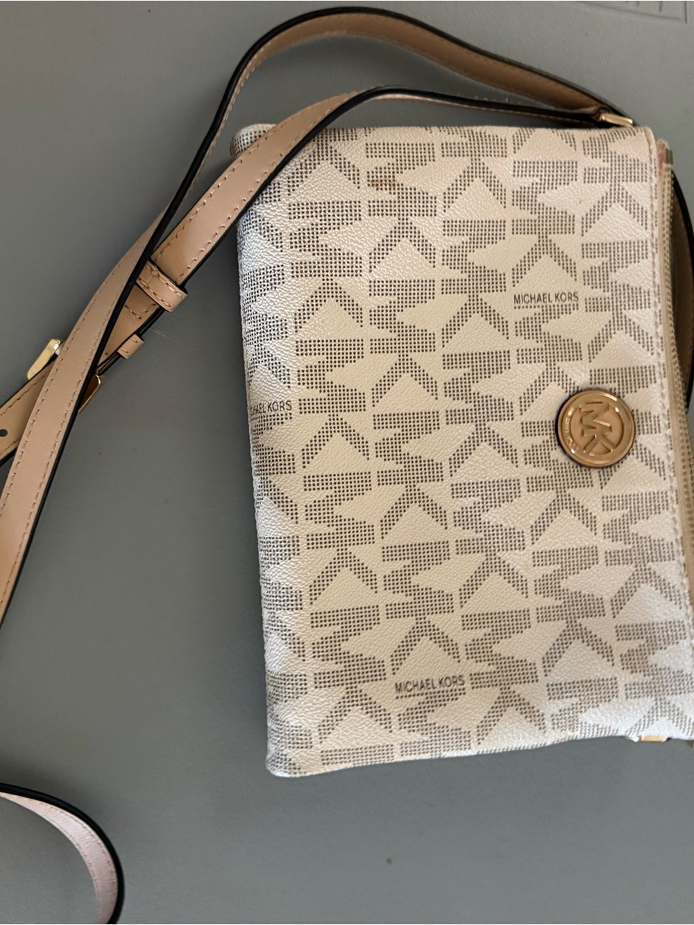 Michael Kors Beige Logo Pattern Crossbody with Gold Emblem